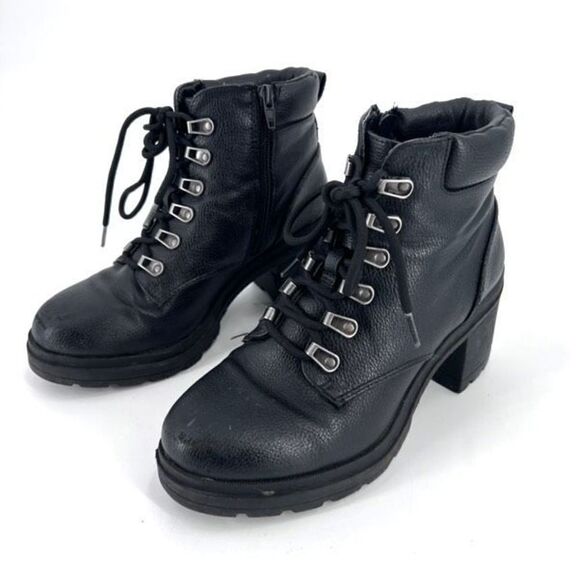 No Boundaries Y2K Black platform block heel boots 90s size 7 moto biker lace up - Picture 1 of 9